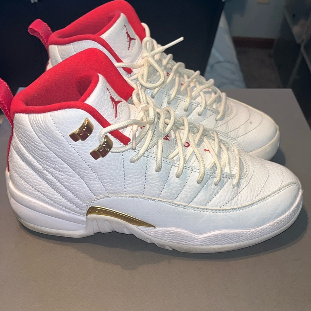 White red gold jordan 12 worn